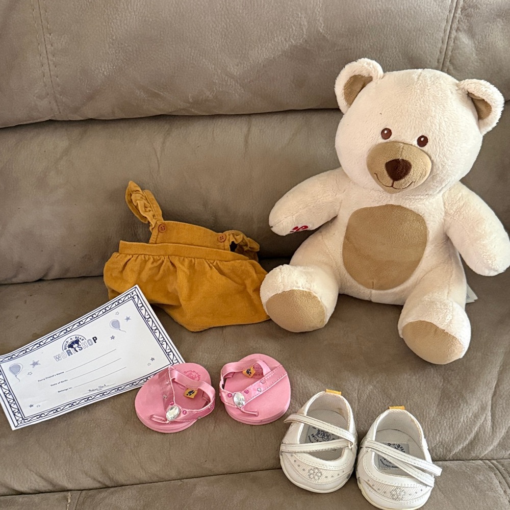Build a bear stuffed animal+Pink Sandals+white shoes+dress and certificate